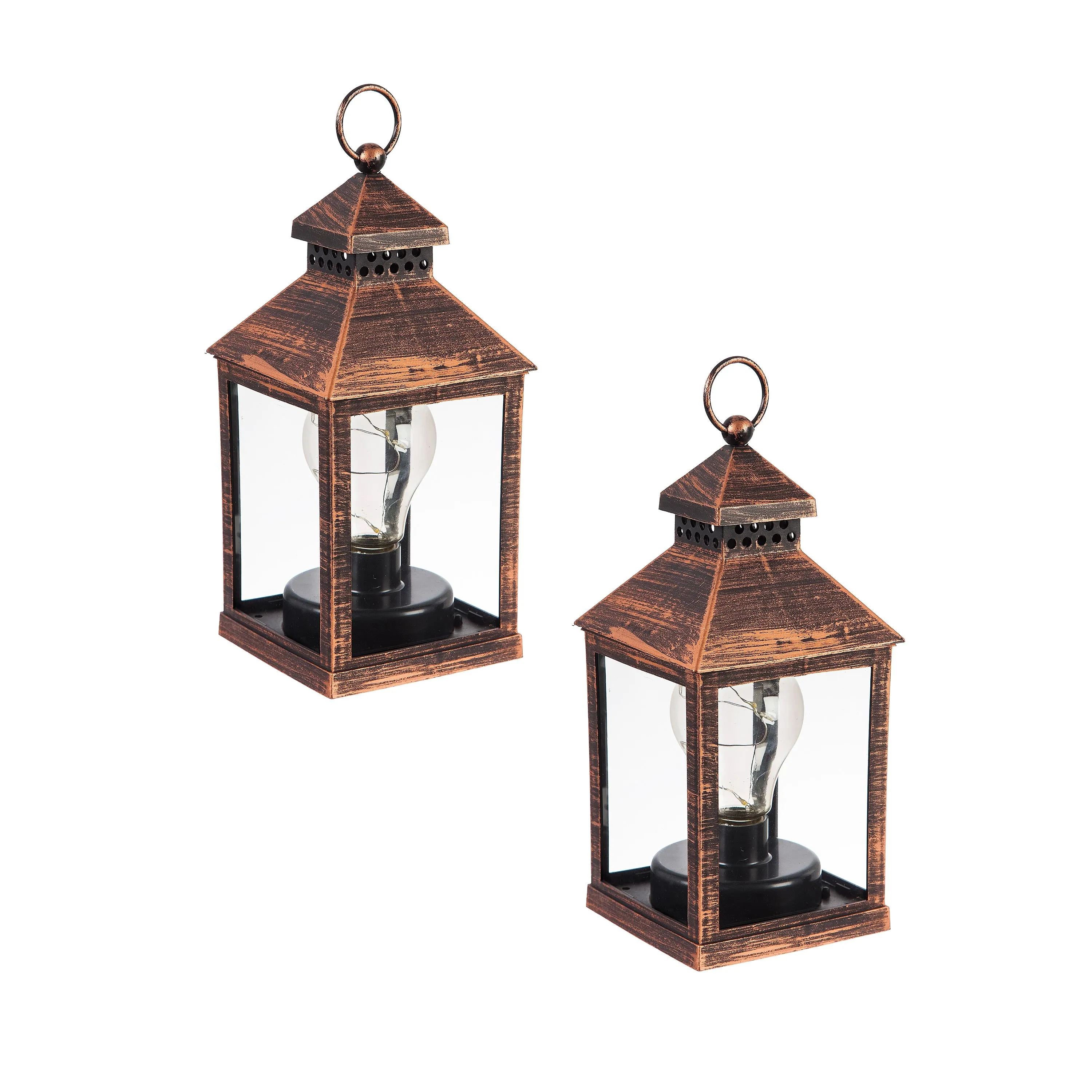 8.5"H Battery Operated Twinkling Light Bulb Lantern, Brushed Bronze; Set of 2
