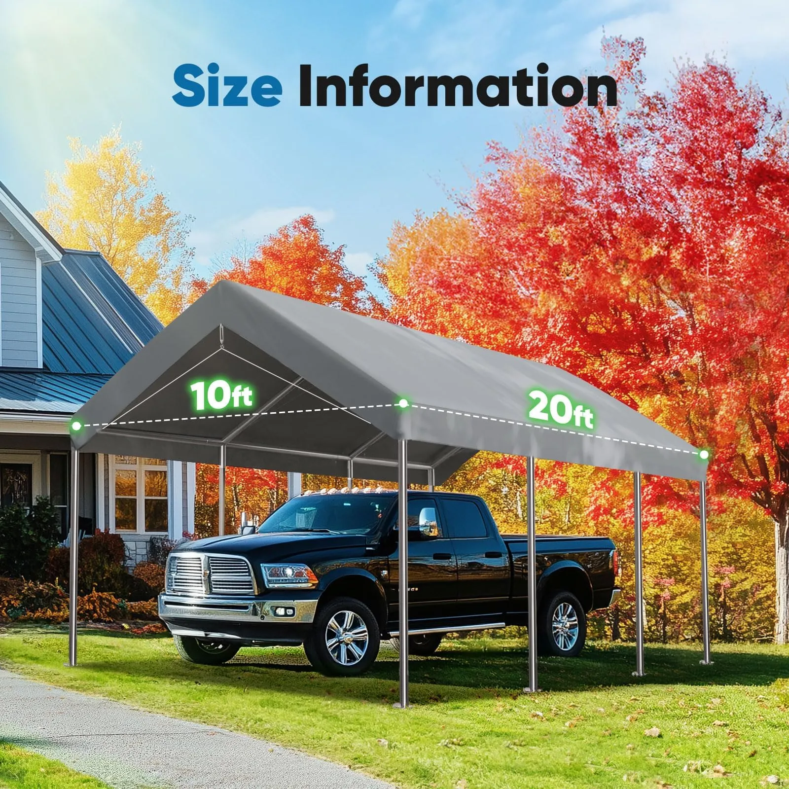 ADVANCE OUTDOOR Replacement Top Cover Tarp for 10x20 ft Carport Canopy with Ball Bungees, Gray, One Roof Only