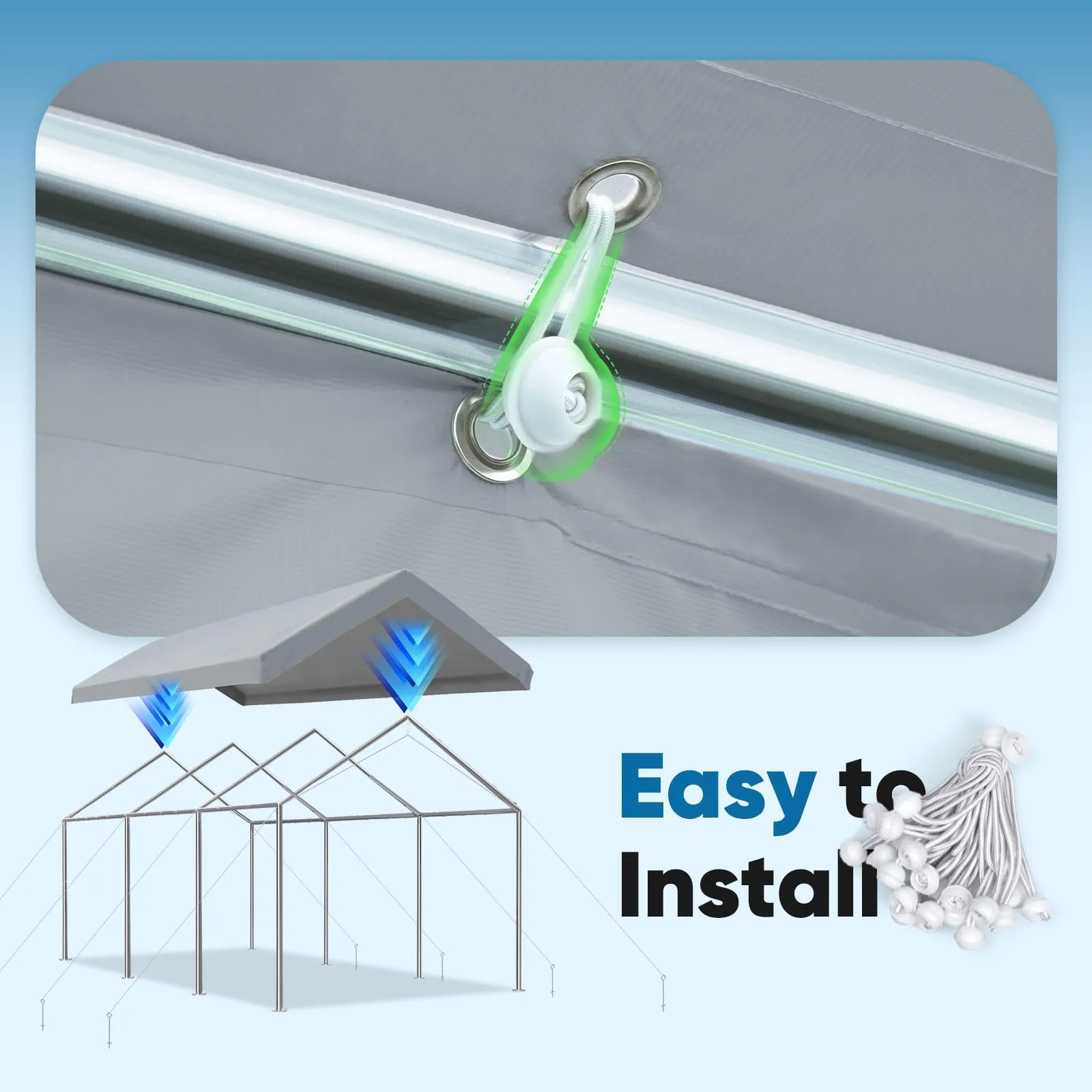 ADVANCE OUTDOOR Replacement Top Cover Tarp for 10x20 ft Carport Canopy with Ball Bungees, Gray, One Roof Only