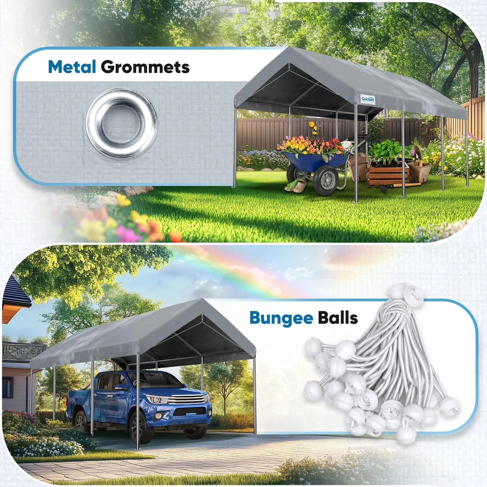 ADVANCE OUTDOOR Replacement Top Cover Tarp for 10x20 ft Carport Canopy with Ball Bungees, Gray, One Roof Only