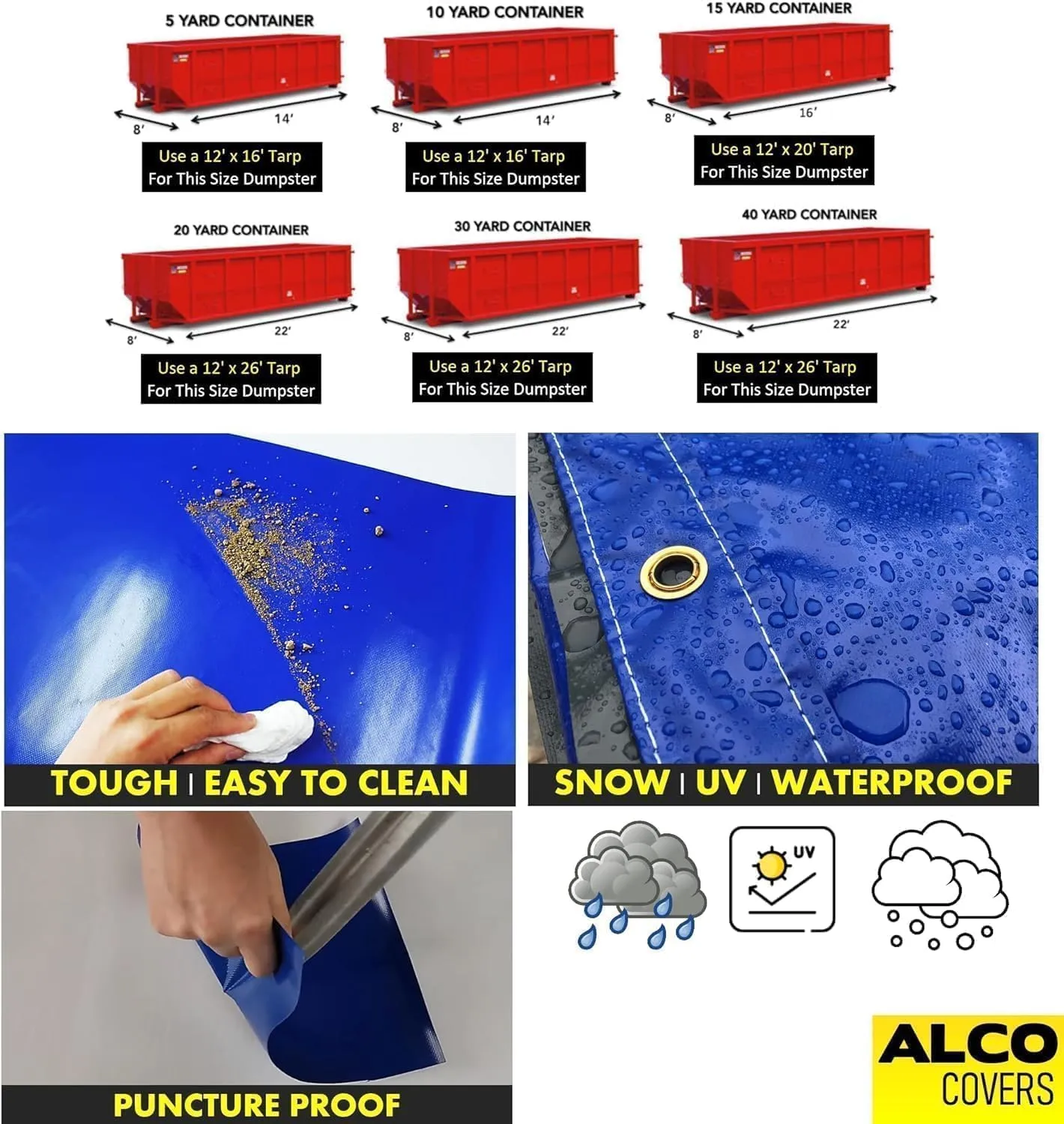 ALCO - Dumpster Tarp/Covers – Super Duty - Reinforced Vinyl (18oz PVC Dumpster Tarp (12'x 26') Black)