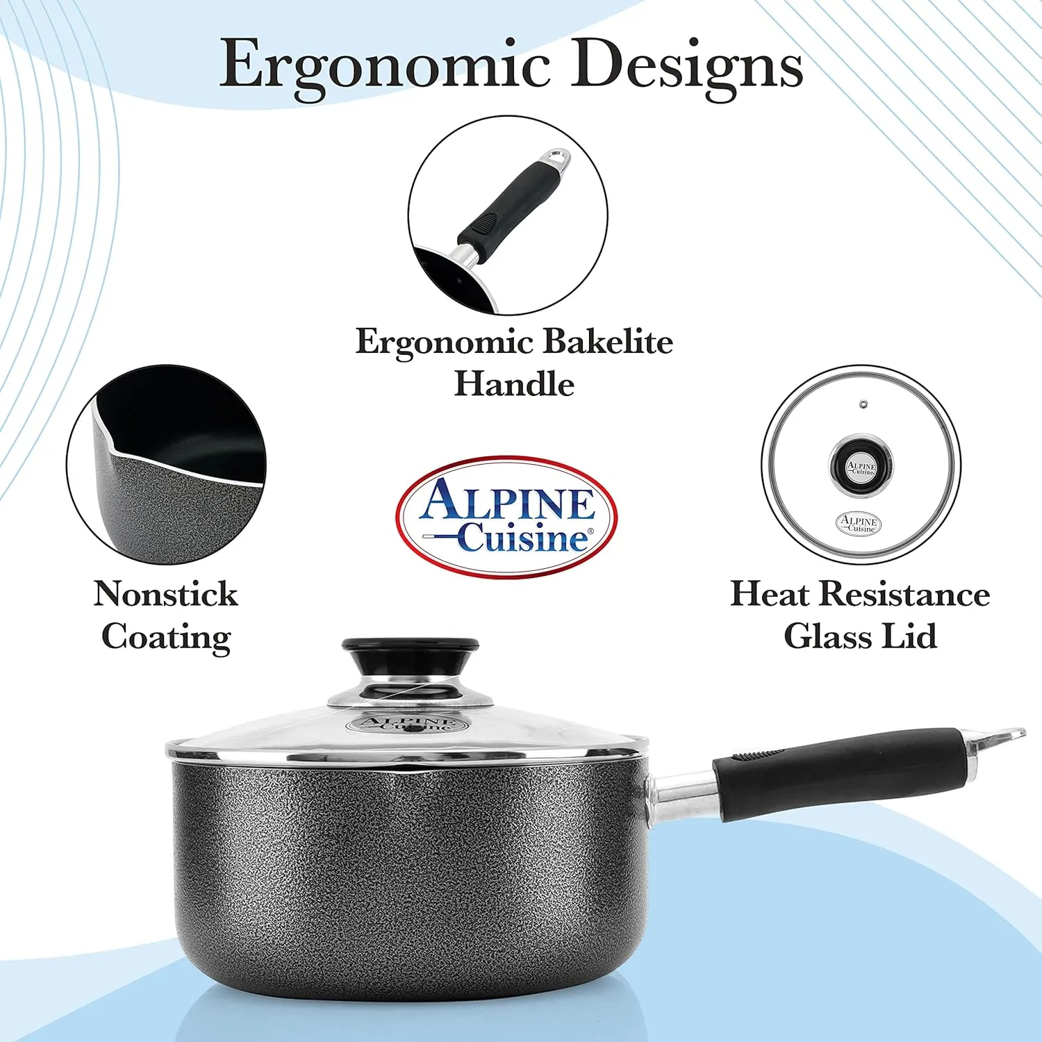 Alpine Cuisine Sauce Pan 3 Quart Nonstick Coating Soft Touch Bakelite Handle with Glass Lid, Nonstick Sauce Pans for All Stoves, Multipurpose Use for Home Kitchen & Restaurant - Dishwasher Safe