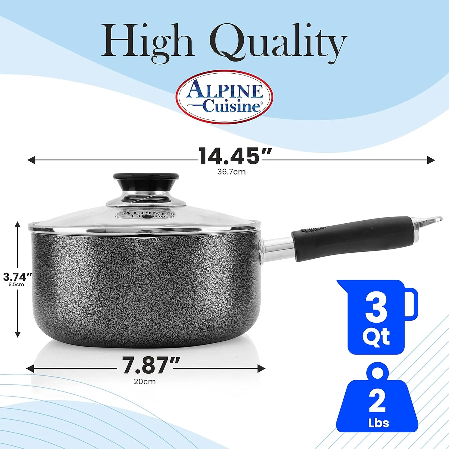 Alpine Cuisine Sauce Pan 3 Quart Nonstick Coating Soft Touch Bakelite Handle with Glass Lid, Nonstick Sauce Pans for All Stoves, Multipurpose Use for Home Kitchen & Restaurant - Dishwasher Safe