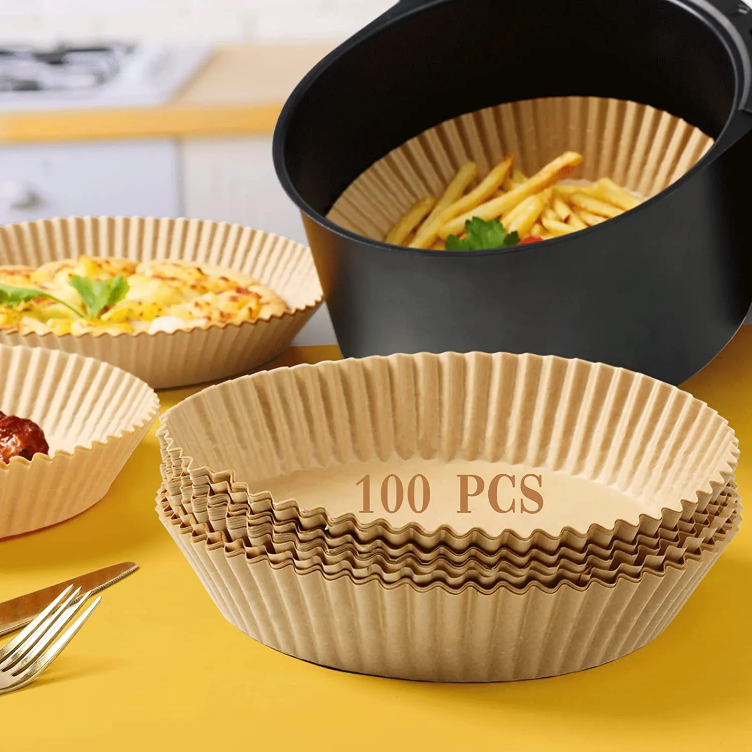 AONUOWE Air Fryer Disposable Paper Liner，100PCS [Medium size] Non-stick Disposable Air Fryer Liners for 3-5QT Air Fryer， Non-stick Oil-proof Water-proof Food Grade Parchment for Baking Roasting Microwave