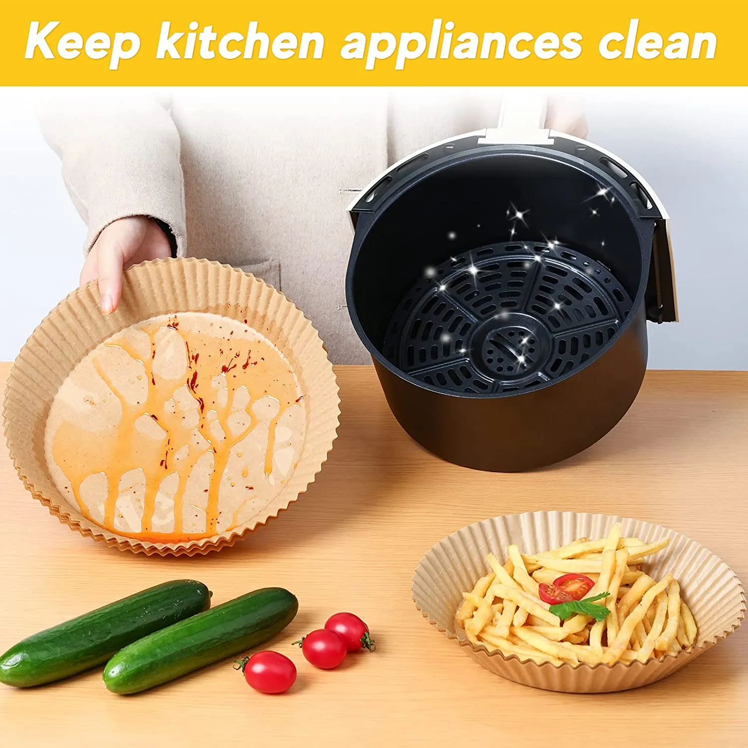 AONUOWE Air Fryer Disposable Paper Liner，100PCS [Medium size] Non-stick Disposable Air Fryer Liners for 3-5QT Air Fryer， Non-stick Oil-proof Water-proof Food Grade Parchment for Baking Roasting Microwave