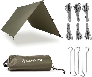 AquaQuest Defender Camping Tarp - Heavy Duty Tent Shelter or Rain Fly - Waterproof Camping Essentials for Hiking, Bushcraft & Hammock, 10 x 10 ft, Olive Drab Kit