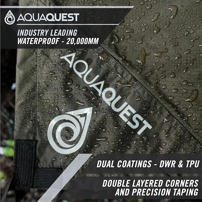 AquaQuest Defender Camping Tarp - Heavy Duty Tent Shelter or Rain Fly - Waterproof Camping Essentials for Hiking, Bushcraft & Hammock, 10 x 10 ft, Olive Drab Kit