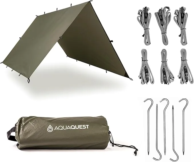 AquaQuest Defender Camping Tarp - Heavy Duty Tent Shelter or Rain Fly - Waterproof Camping Essentials for Hiking, Bushcraft & Hammock, 10 x 10 ft, Olive Drab Kit