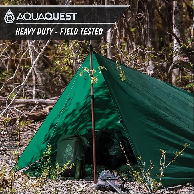 AquaQuest Defender Camping Tarp - Heavy Duty Tent Shelter or Rain Fly - Waterproof Camping Essentials for Hiking, Bushcraft & Hammock, 15 x 15 ft, Forester Green