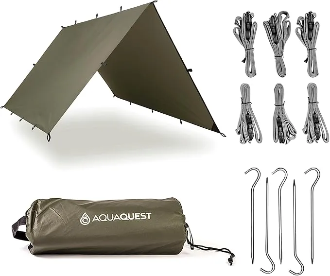 AquaQuest Safari Camping Tarp - Lightweight Durable Rain Fly - Waterproof Camping Essentials for Hiking, Backpacking & Hammock, 10 x 10 ft, Olive Drab Kit
