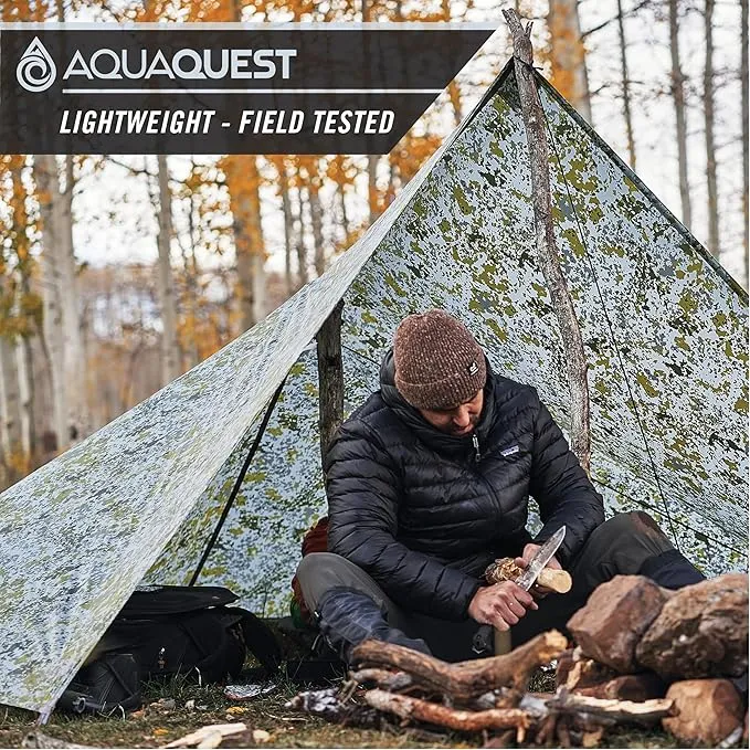 AquaQuest Safari Camping Tarp - Lightweight Durable Rain Fly - Waterproof Camping Essentials for Hiking, Backpacking & Hammock, 10 x 7 ft, Boulder Camo