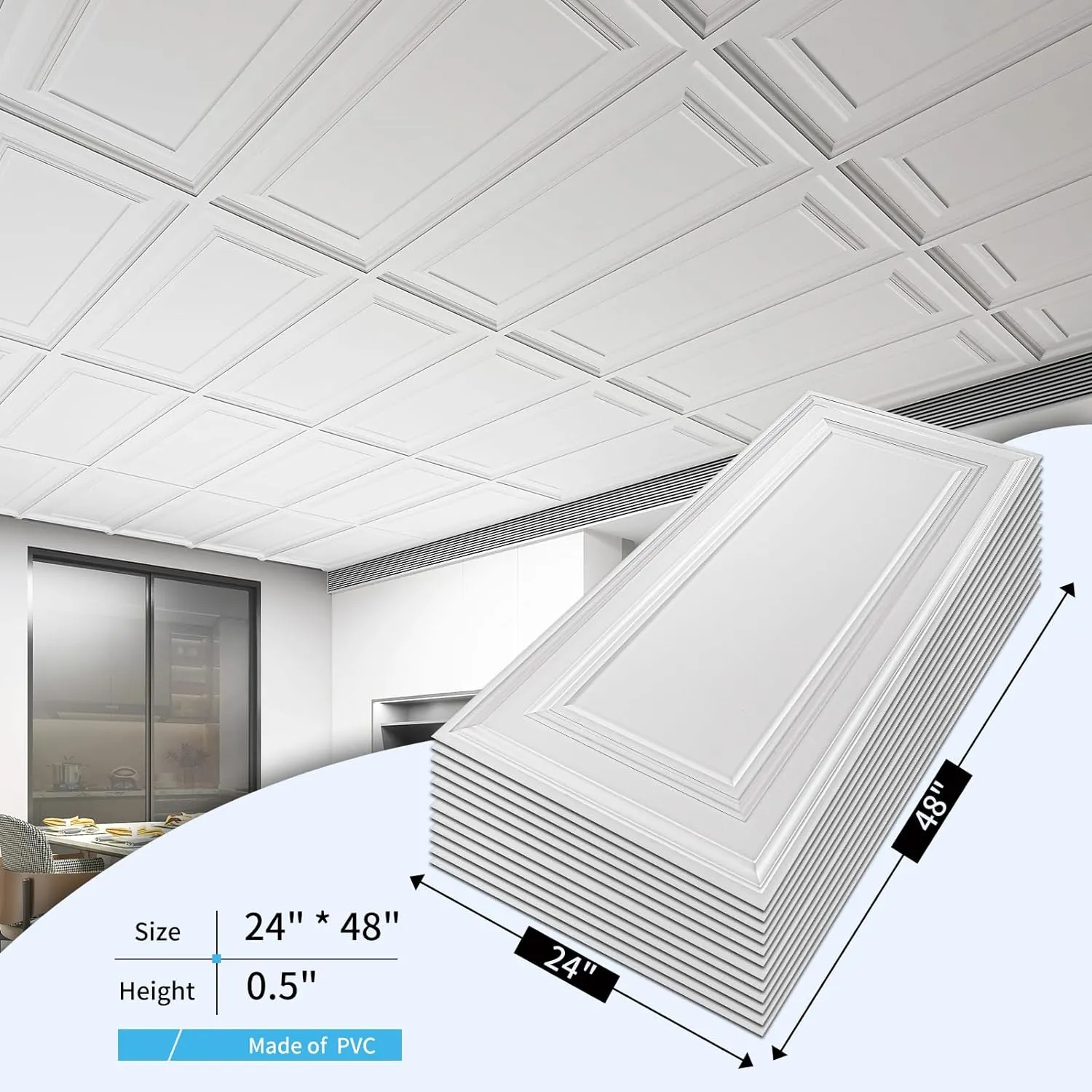 Art3d 12-Pack Drop Ceiling Tiles 2x4 Ft, PVC Decorative Ceiling Covering Panels for Basement Kitchen Bathroom, 24x48 Inch, Cover 96 Sq. Ft, Smooth White