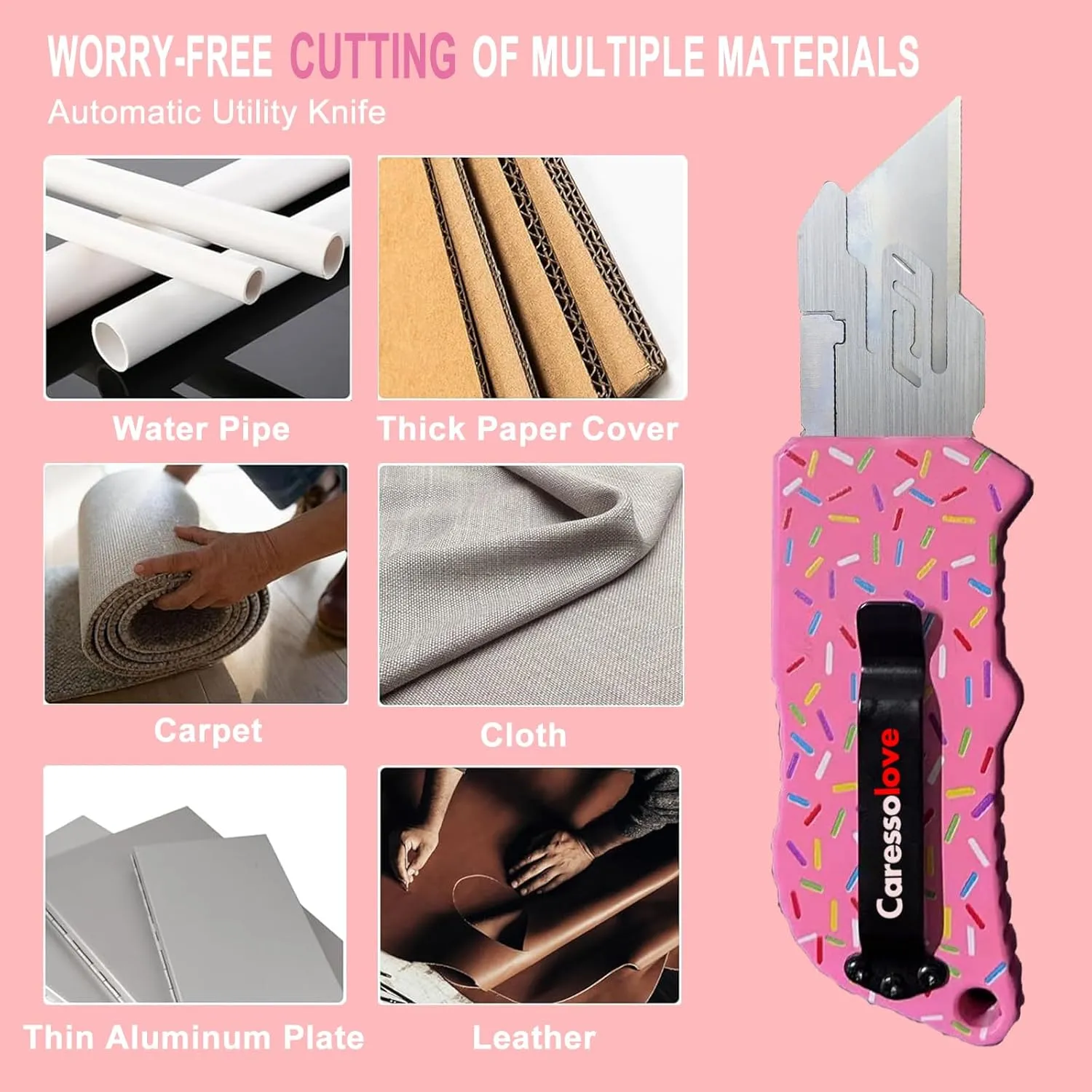 Automatic Utility Knife, Premium Pink Retractable Box Cutter, Cute Aluminum Alloy Heavy Duty Pocket Knife, Safety Replaceable Blade EDC Razor Knives with 5PCS Blades