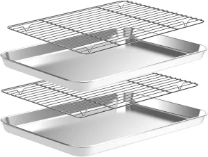Baking Sheet with Wire Rack Set [2 Quarter Sheet Pans   2 Wire Racks ], CEKEE Stainless Steel Cookie Sheets for Baking with Baking Rack, Non Toxic & Heavy Duty & Easy Clean, Size 12 x 10 x 1 Inch