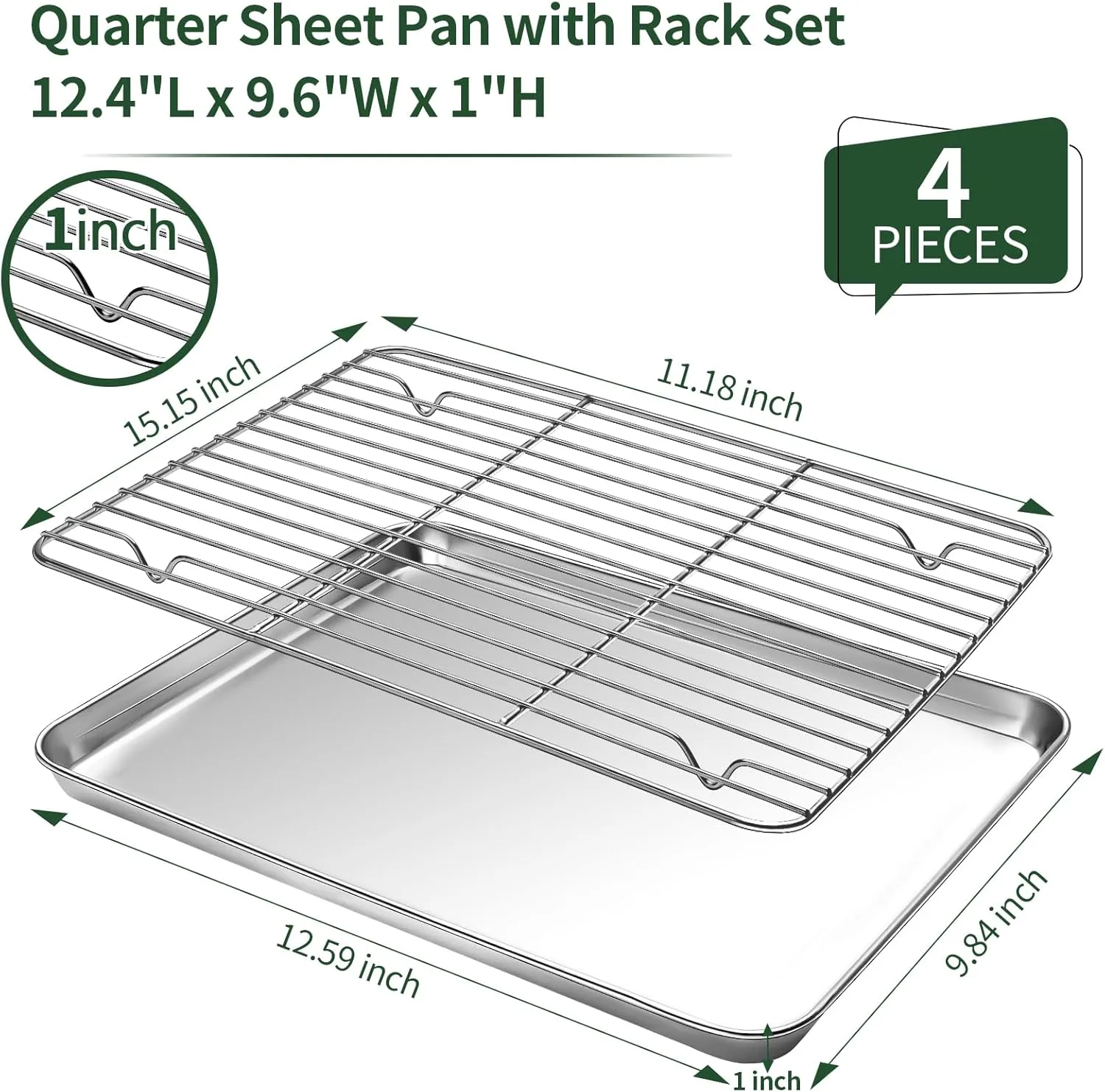 Baking Sheet with Wire Rack Set [2 Quarter Sheet Pans   2 Wire Racks ], CEKEE Stainless Steel Cookie Sheets for Baking with Baking Rack, Non Toxic & Heavy Duty & Easy Clean, Size 12 x 10 x 1 Inch
