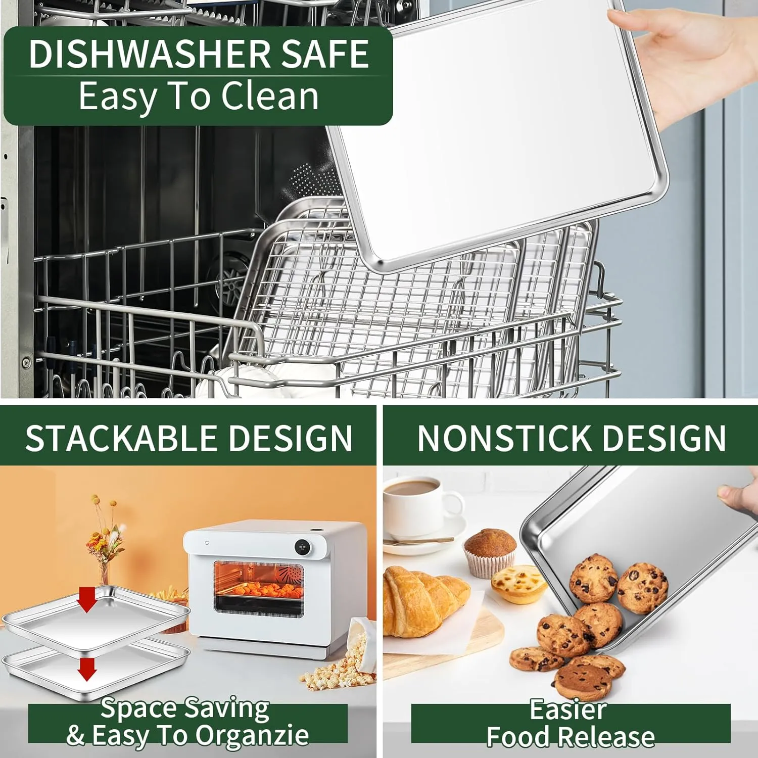 Baking Sheet with Wire Rack Set [2 Quarter Sheet Pans   2 Wire Racks ], CEKEE Stainless Steel Cookie Sheets for Baking with Baking Rack, Non Toxic & Heavy Duty & Easy Clean, Size 12 x 10 x 1 Inch