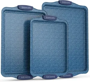 BAKKEN Kitchen Baking Pan Set - Nonstick Coating, Carbon Steel Bakeware Sets with Blue Silicone Handles, Baking Kitchen Essentials, PFOA, PFOS, PTFE Free, Oven Safe Tray (Up To 450° F), Set of 3
