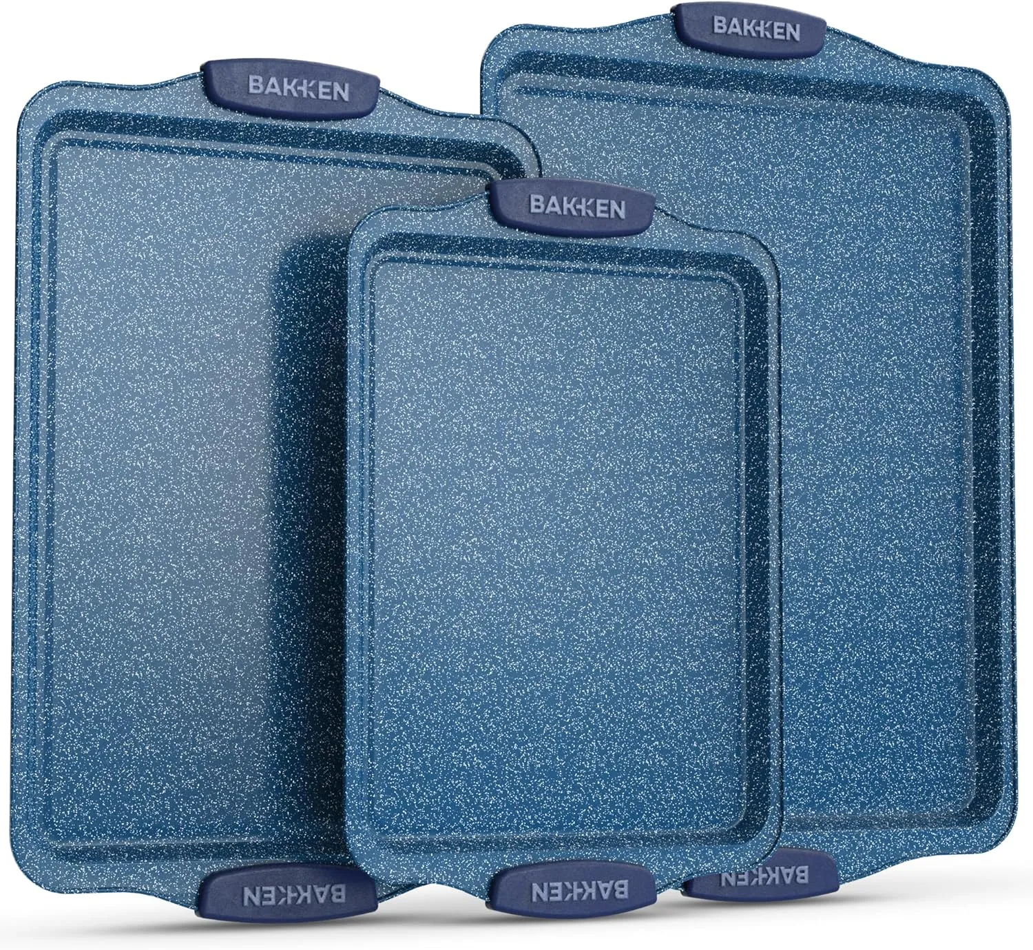 BAKKEN Kitchen Baking Pan Set - Nonstick Coating, Carbon Steel Bakeware Sets with Blue Silicone Handles, Baking Kitchen Essentials, PFOA, PFOS, PTFE Free, Oven Safe Tray (Up To 450° F), Set of 3