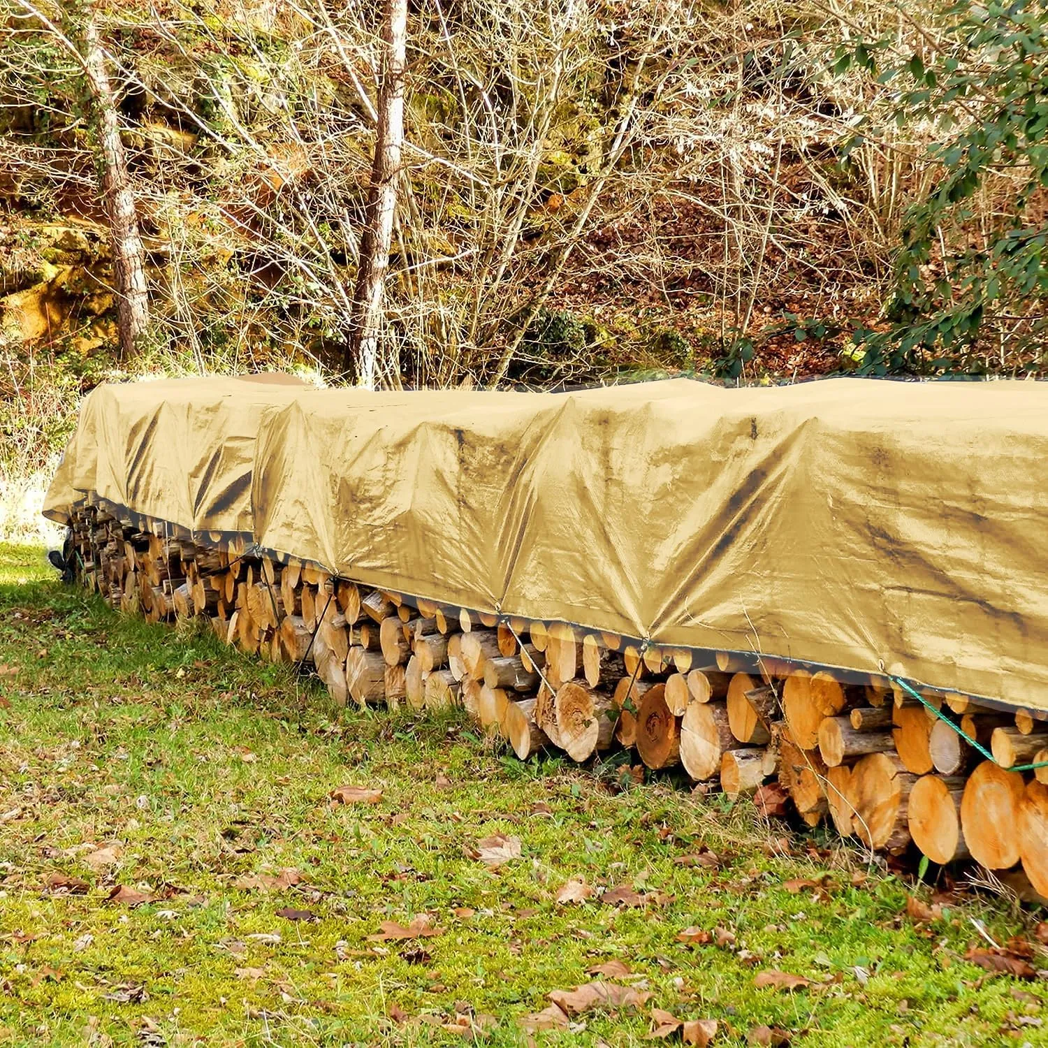 (Beige/Tan) Heavy Duty Premium Poly Tarp 12 Mil Thickness 3 Ply Coated Reinforced Canopy 6 oz 3 Layer (8'x10') Finished Size 7'.6 x 9'.6