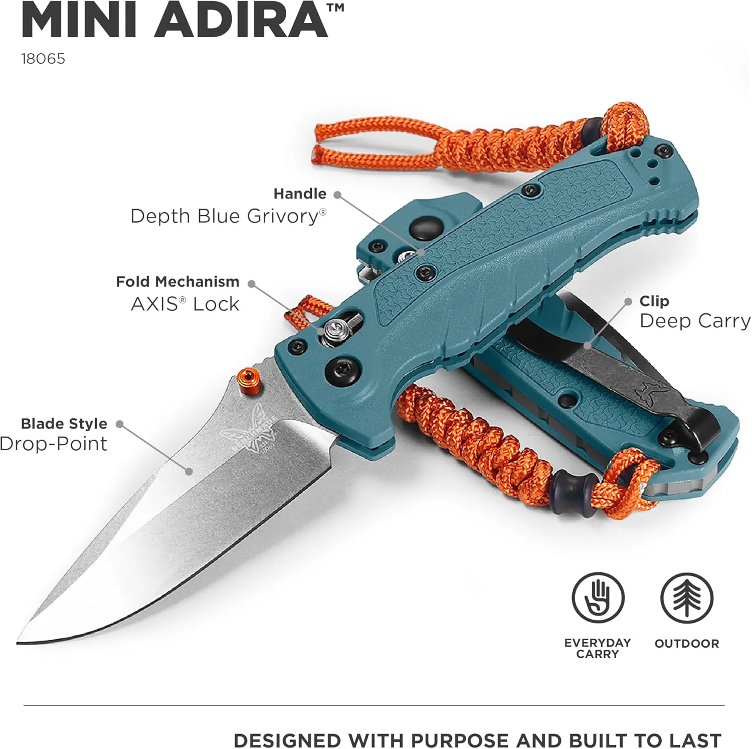 Benchmade - Mini Adira 18065 Outdoor Knife, Plain Edge with Depth Blue Grivory Handle (18065)