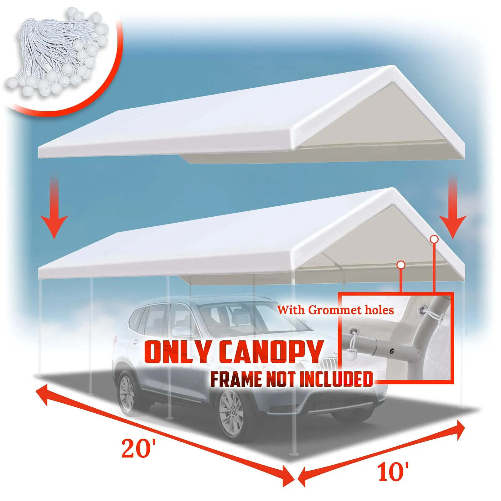 BenefitUSA 10x20' Waterproof Upgraded Carport Replacement Canopy Only Garage Top Cover Tent Shelter Tarp with Ball Bungee Cords,Frame is not Included