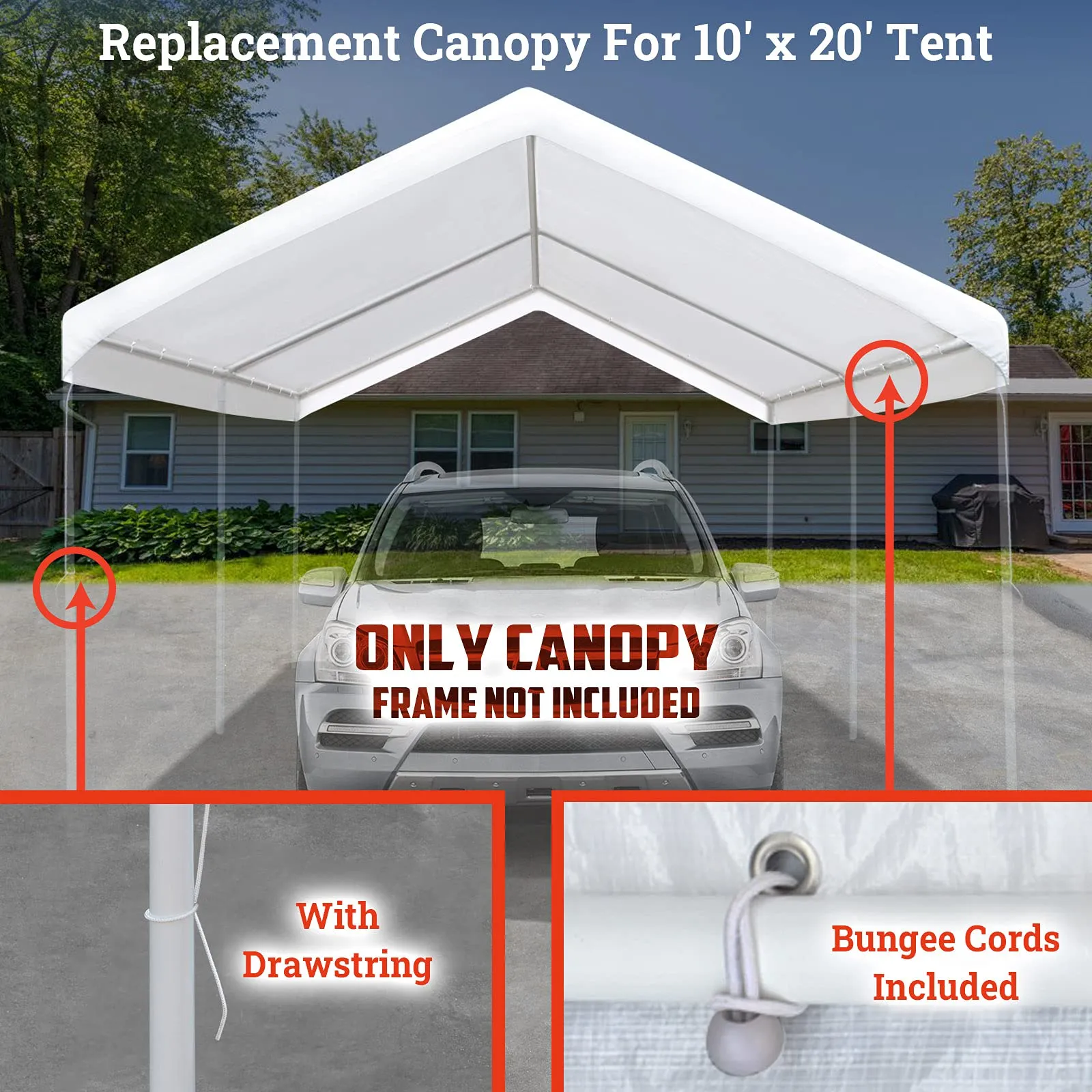 BenefitUSA 10x20' Waterproof Upgraded Carport Replacement Canopy Only Garage Top Cover Tent Shelter Tarp with Ball Bungee Cords,Frame is not Included