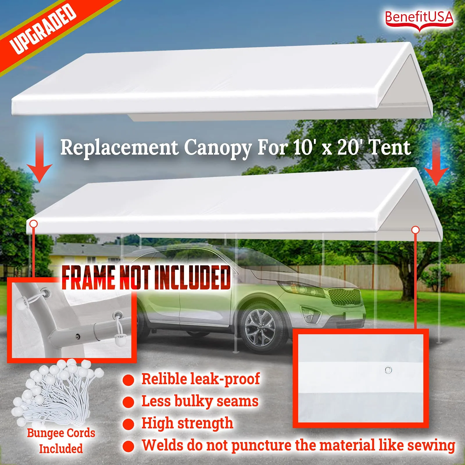 BenefitUSA 10x20' Waterproof Upgraded Carport Replacement Canopy Only Garage Top Cover Tent Shelter Tarp with Ball Bungee Cords,Frame is not Included
