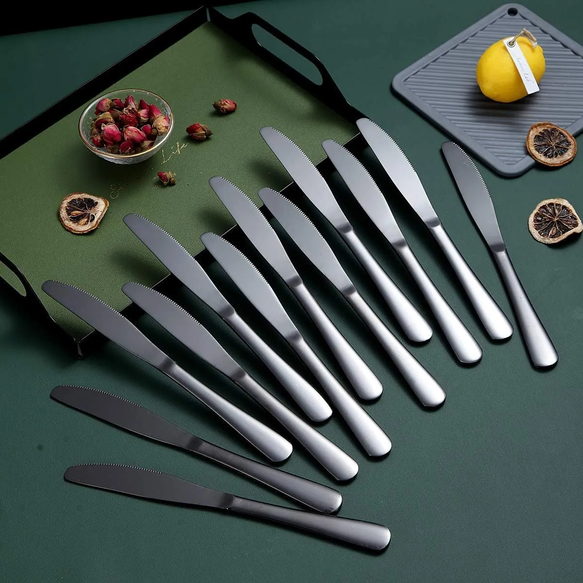 Berglander Black Dinner Knives Set Of 12, Stainless Steel Titanium Plating Shiny Black Dinner Knife, Butter Knife Spreader Table Knives Sturdy And Dishwasher Safe