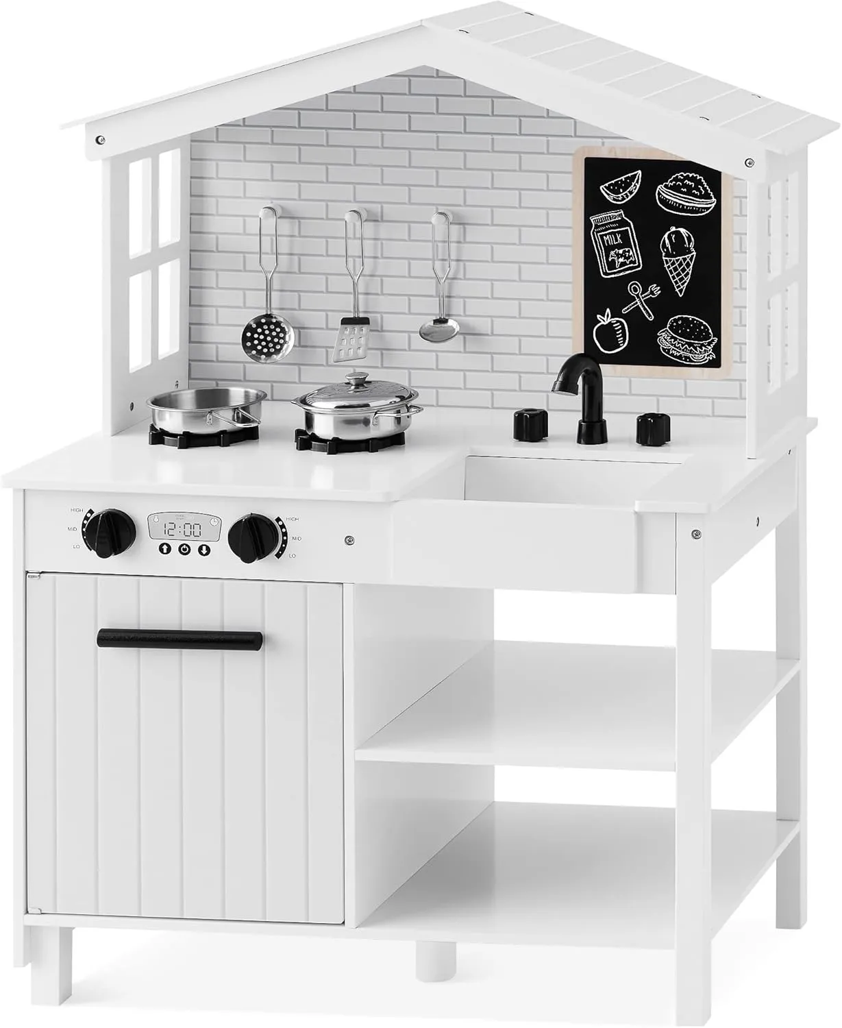 Best Choice Products Farmhouse Play Kitchen Toy, Wooden Pretend Set for Kids w/ Chalkboard, Marble Backdrop, Windows, Storage Shelves, 5 Accessories Included - White