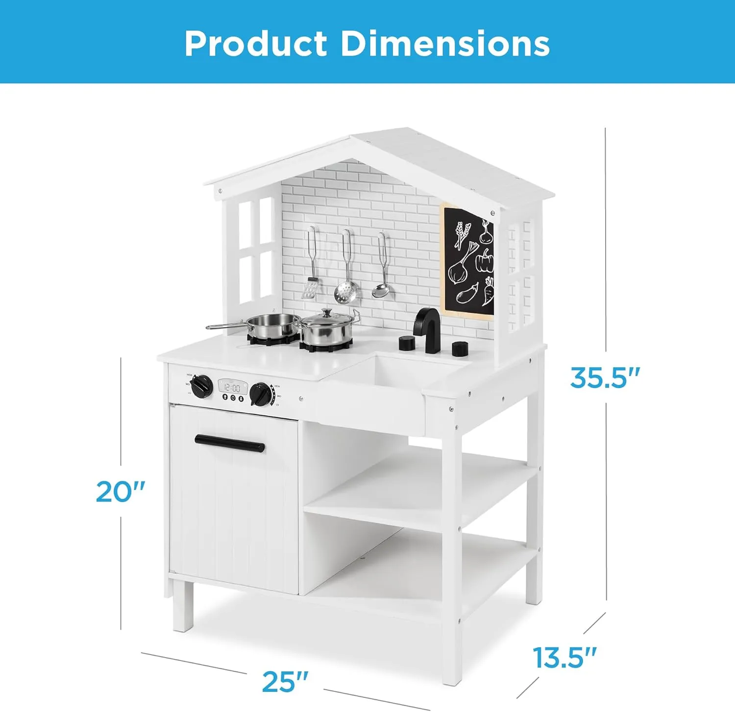 Best Choice Products Farmhouse Play Kitchen Toy, Wooden Pretend Set for Kids w/ Chalkboard, Marble Backdrop, Windows, Storage Shelves, 5 Accessories Included - White