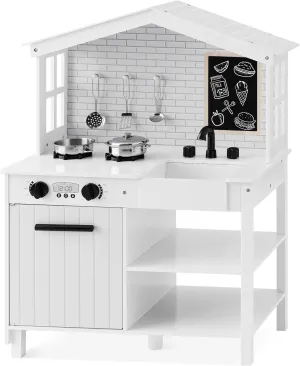 Best Choice Products Farmhouse Play Kitchen Toy, Wooden Pretend Set for Kids w/ Chalkboard, Marble Backdrop, Windows, Storage Shelves, 5 Accessories Included - White