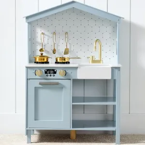 Best Choice Products Pretend Play Wooden Farmhouse Kitchen Set for Kids w/ Toy Storage, Clicking Knobs, Windows, 5 Accessories Included - Ocean