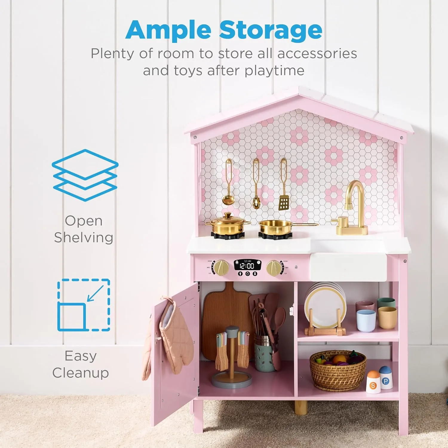 Best Choice Products Pretend Play Wooden Farmhouse Kitchen Set for Kids w/ Toy Storage, Clicking Knobs, Windows, 5 Accessories Included - Rose
