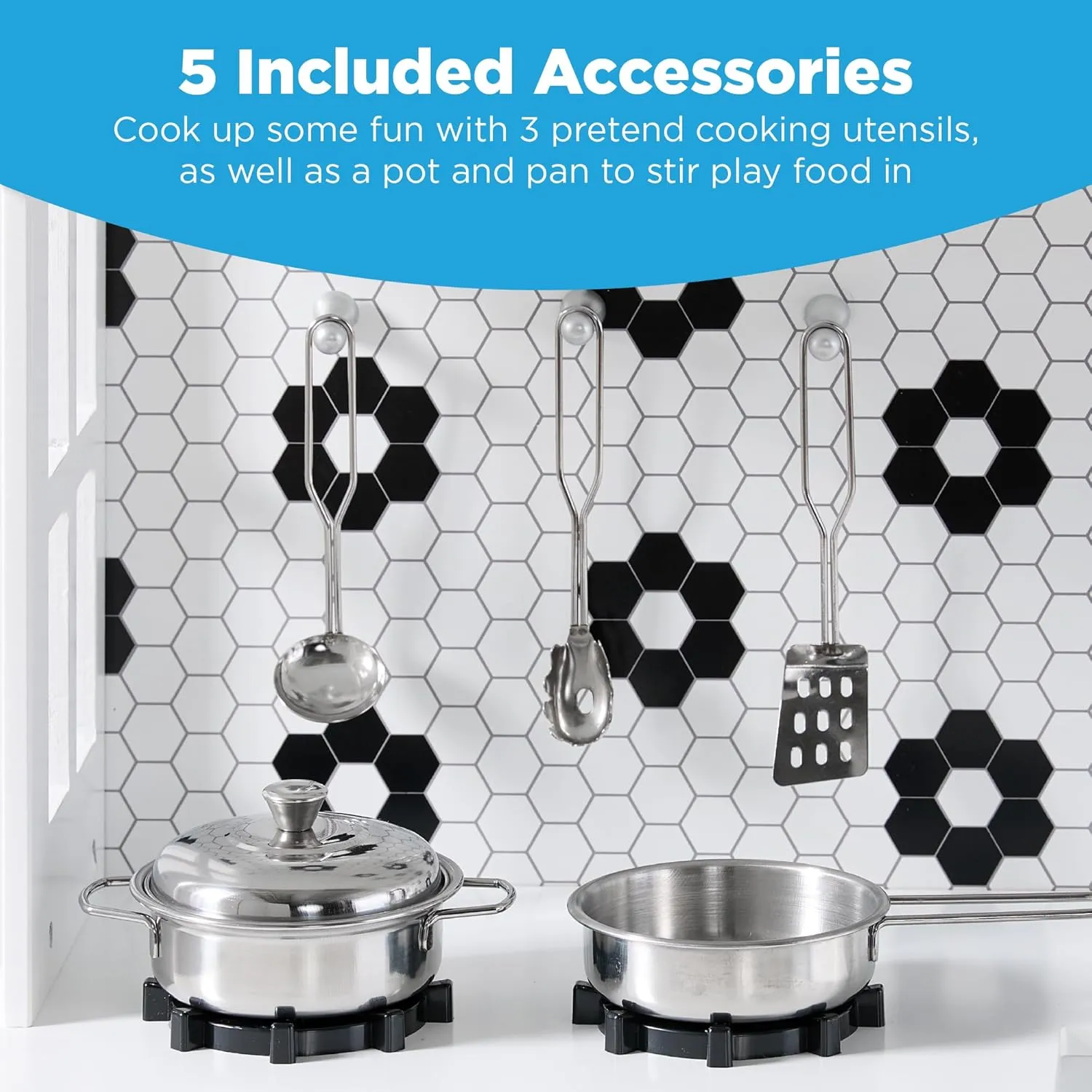Best Choice Products Pretend Play Wooden Farmhouse Kitchen Set for Kids w/ Toy Storage, Clicking Knobs, Windows, 5 Accessories Included - White/Black