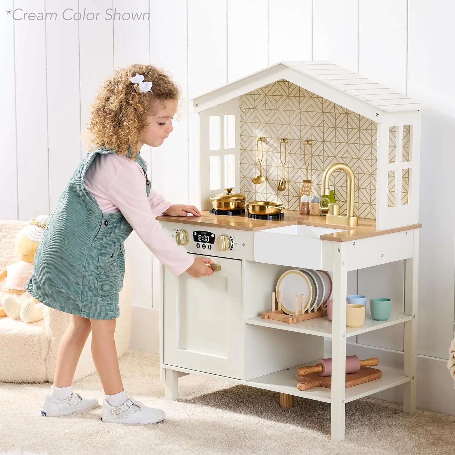 Best Choice Products Pretend Play Wooden Farmhouse Kitchen Set for Kids w/ Toy Storage, Clicking Knobs, Windows, 5 Accessories Included - White/Black