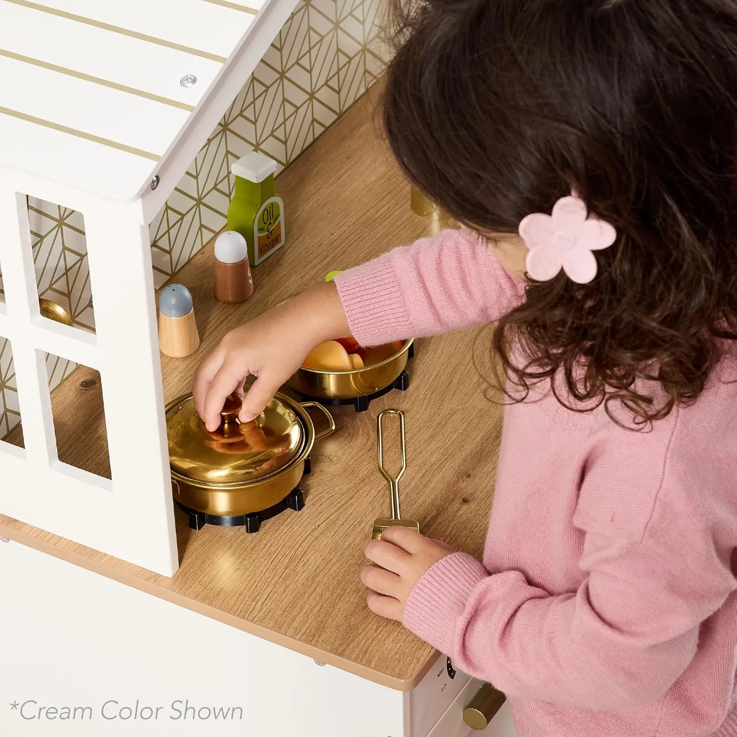 Best Choice Products Pretend Play Wooden Farmhouse Kitchen Set for Kids w/ Toy Storage, Clicking Knobs, Windows, 5 Accessories Included - White/Black