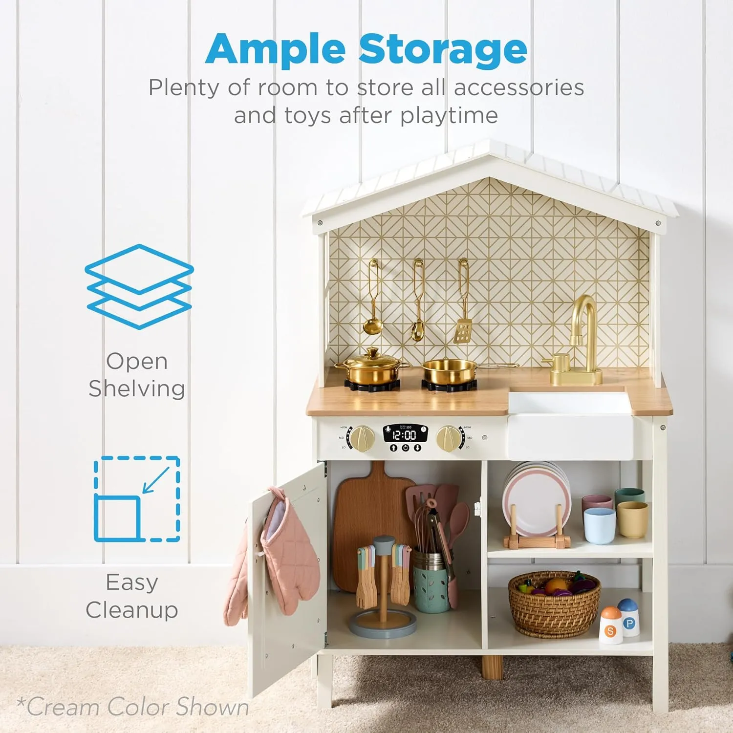 Best Choice Products Pretend Play Wooden Farmhouse Kitchen Set for Kids w/ Toy Storage, Clicking Knobs, Windows, 5 Accessories Included - White/Black