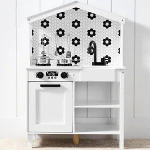 Best Choice Products Pretend Play Wooden Farmhouse Kitchen Set for Kids w/ Toy Storage, Clicking Knobs, Windows, 5 Accessories Included - White/Black
