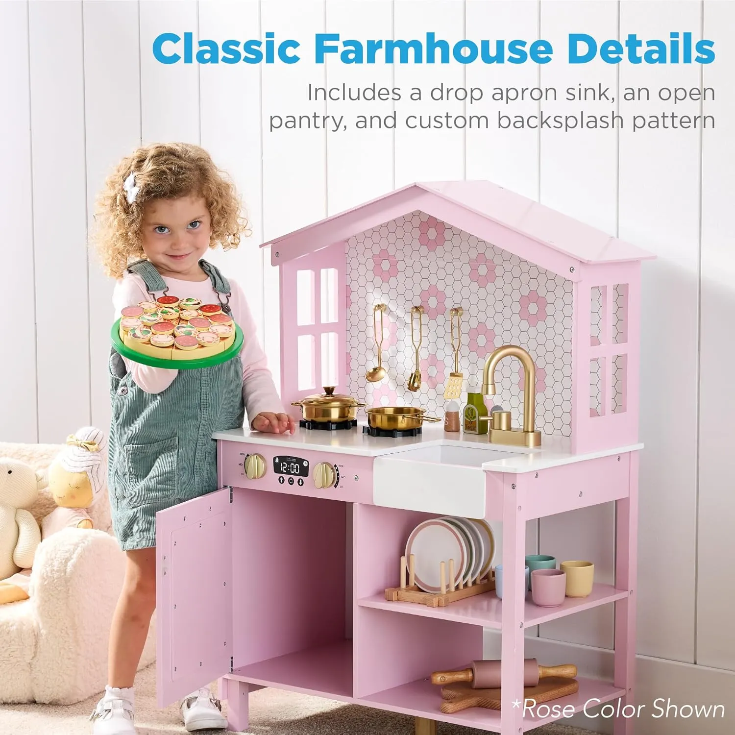 Best Choice Products Pretend Play Wooden Farmhouse Kitchen Set for Kids w/ Toy Storage, Clicking Knobs, Windows, 5 Accessories Included - White/Black