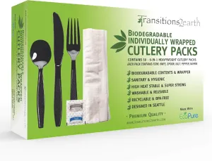 Biodegradable EcoPure 6-in-1 Heavyweight Cutlery/Utensil Packs - 500 Packs - Contains: Fork, Knife, Spoon, Napkin, Salt, Pepper - Individually Wrapped - Earth-Friendly, Heavy Duty