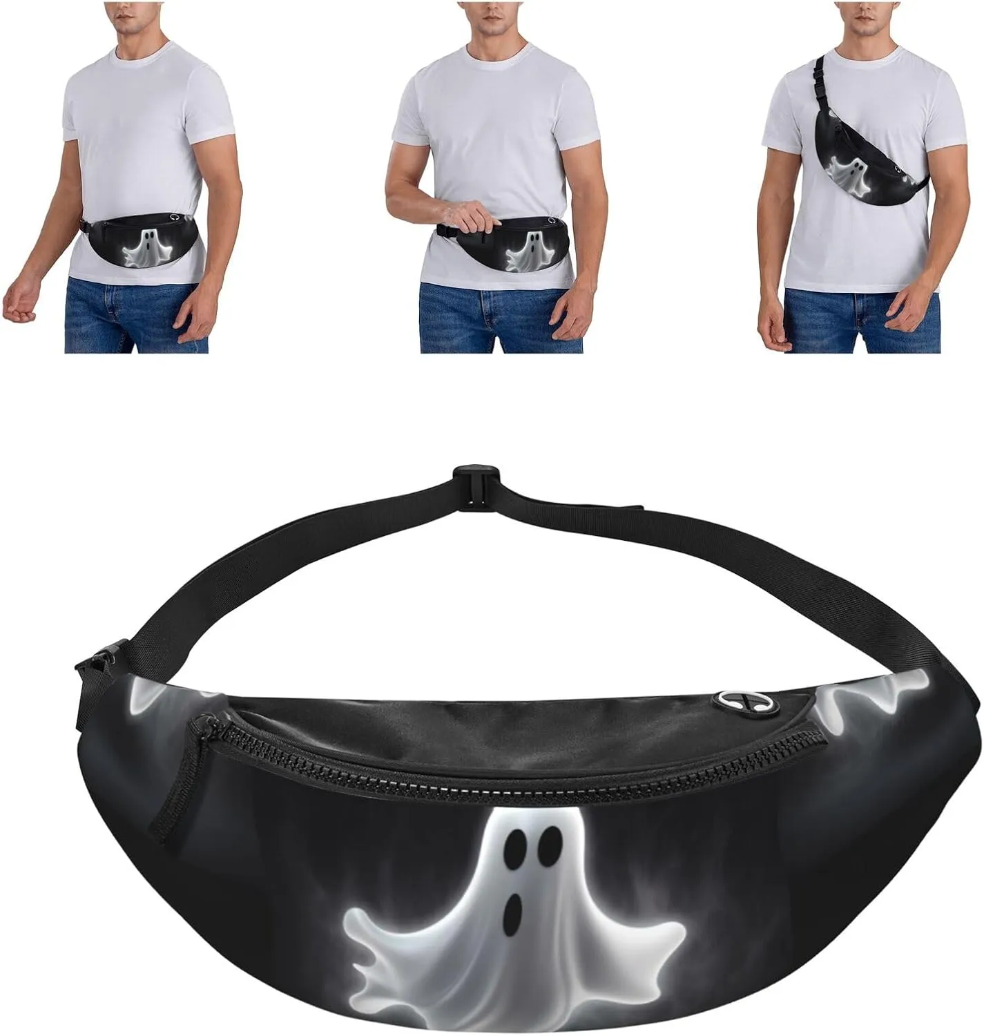 Black and Halloween Ghost Fanny Pack for Man Women Waist Bag Adjustable Belt Casual Chest Bag Bum Bags for Travel Sports Running Hiking Waist Packs