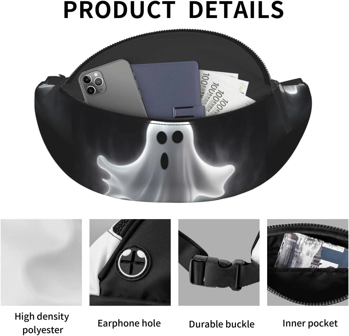 Black and Halloween Ghost Fanny Pack for Man Women Waist Bag Adjustable Belt Casual Chest Bag Bum Bags for Travel Sports Running Hiking Waist Packs