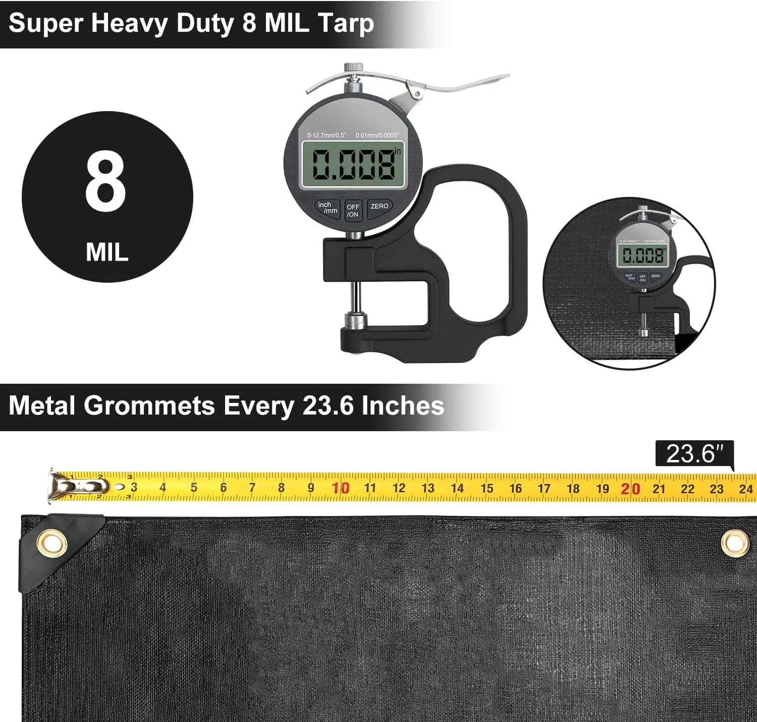 Black Tarp 10x20FT, 8 Mil Large Tarp, Waterproof Tarps Heavy Duty with Grommets Every 23.6", Thick Plastic Tarp, UV Resistant Tear&Fade Resistant, Reinforced Edges for Outdoor Pool Camp Tent