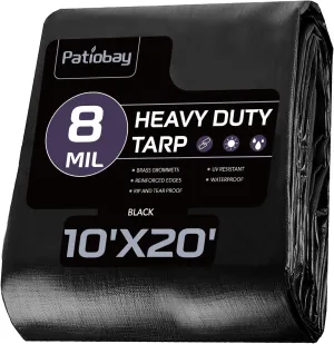 Black Tarp 10x20FT, 8 Mil Large Tarp, Waterproof Tarps Heavy Duty with Grommets Every 23.6", Thick Plastic Tarp, UV Resistant Tear&Fade Resistant, Reinforced Edges for Outdoor Pool Camp Tent