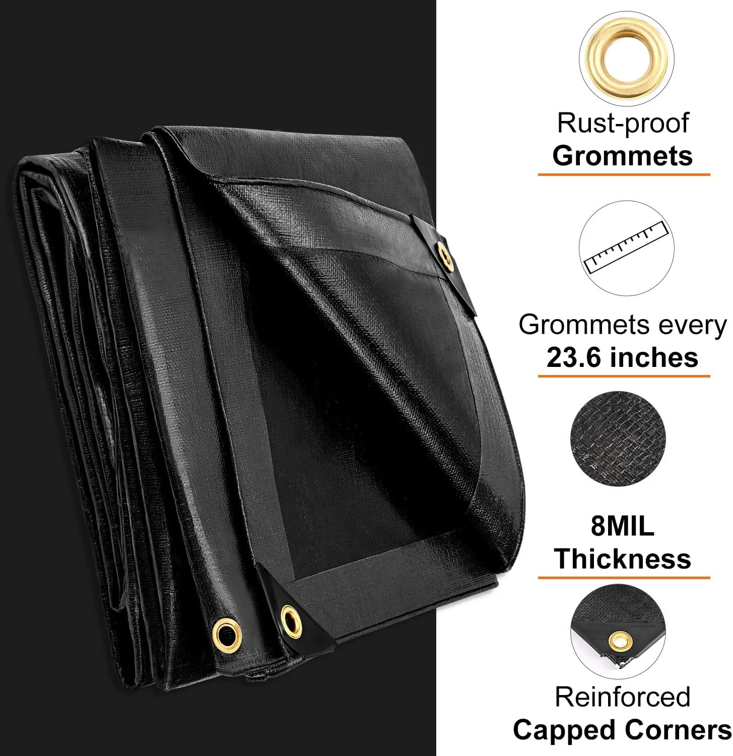 Black Tarp 10x20FT, 8 Mil Large Tarp, Waterproof Tarps Heavy Duty with Grommets Every 23.6", Thick Plastic Tarp, UV Resistant Tear&Fade Resistant, Reinforced Edges for Outdoor Pool Camp Tent