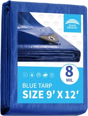 Blue Tarp 9x12 Feet 8 Mil, UV Resistant, Durable, Multipurpose Waterproof Poly Tarp Cover with Metal Grommets and Reinforced Edges by RAINDEWAY