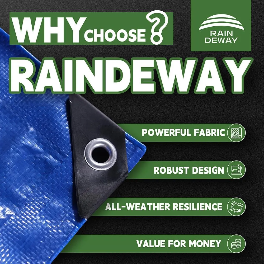 Blue Tarp 9x12 Feet 8 Mil, UV Resistant, Durable, Multipurpose Waterproof Poly Tarp Cover with Metal Grommets and Reinforced Edges by RAINDEWAY