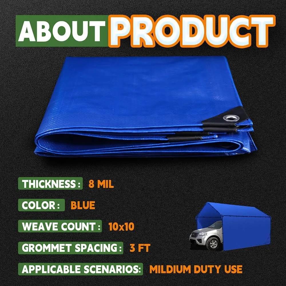 Blue Tarp 9x12 Feet 8 Mil, UV Resistant, Durable, Multipurpose Waterproof Poly Tarp Cover with Metal Grommets and Reinforced Edges by RAINDEWAY