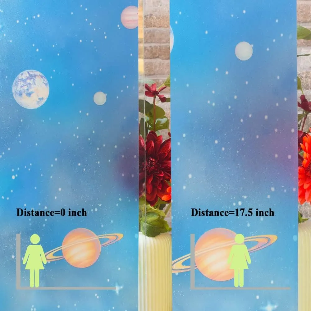 Blue Window Privacy Film Stained Glass Door Film Decorative Galaxy Planet Static Cling UV Blocking Non-Adhesive Covering Stickers Tints for Kids Bedroom,23.6 inches by 118 inches