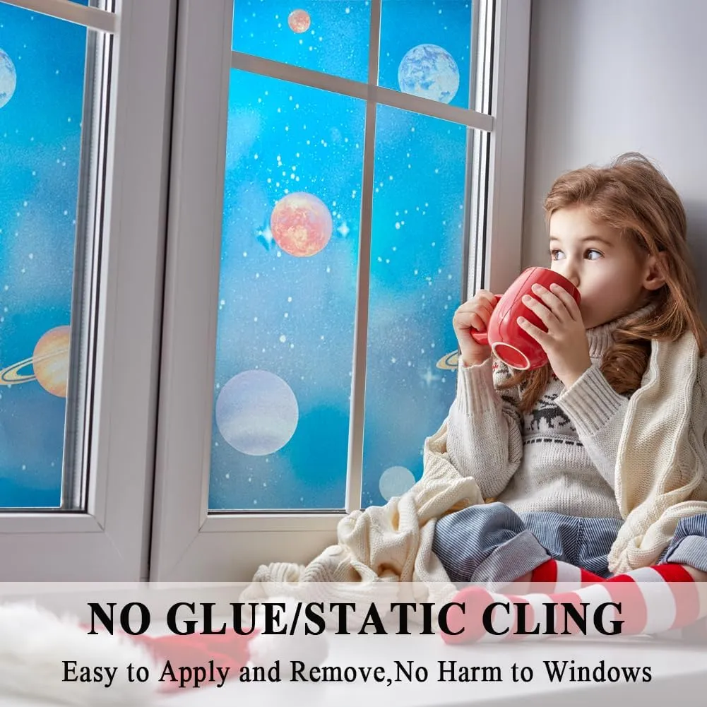 Blue Window Privacy Film Stained Glass Door Film Decorative Galaxy Planet Static Cling UV Blocking Non-Adhesive Covering Stickers Tints for Kids Bedroom,23.6 inches by 118 inches